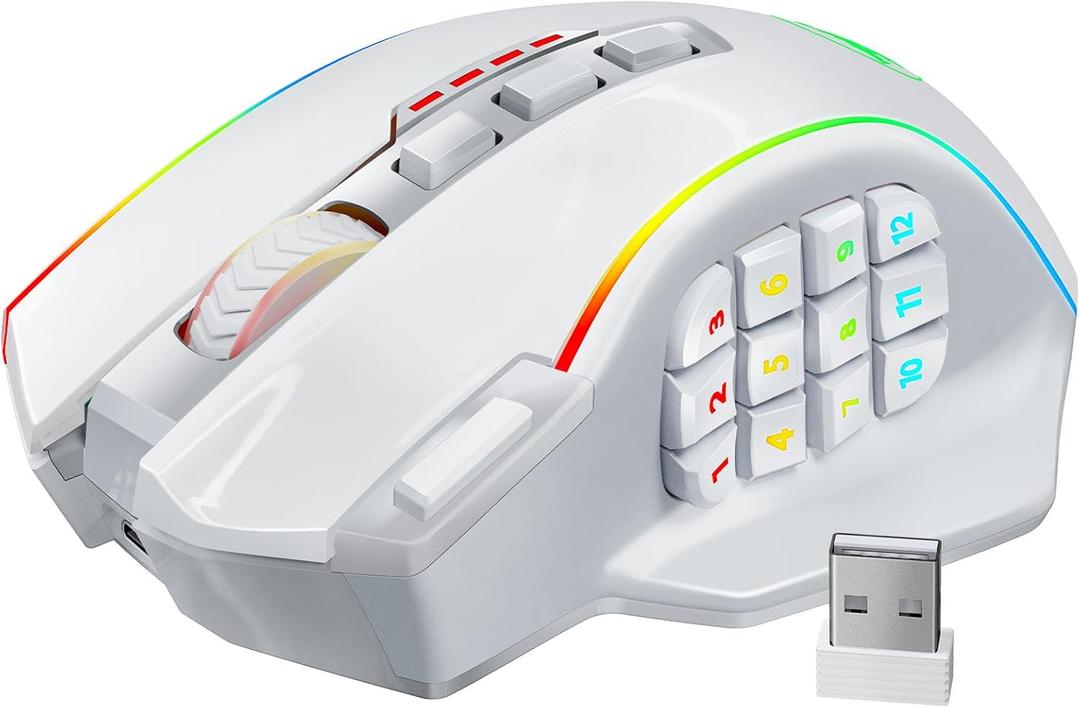 Redragon Wireless Gaming Mouse, MMO Gaming Mouse UP 16,000 DPI, 16 Macro Programmable Buttons, RGB Rechargeable Mouse with 12 Side Buttons, 70Hrs for PC Laptop MOBA FPS, White,M901P-WS (M901PWS)