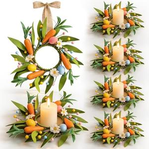 6 Pcs Easter Small Candle Rings Wreaths Mini Pillar Candle Holder Wreath with Carrots and Easter Eggs Artificial Spring Hanging Wreath for Home Kitchen Front Door Window Porch Wall Table Cnterpieces
