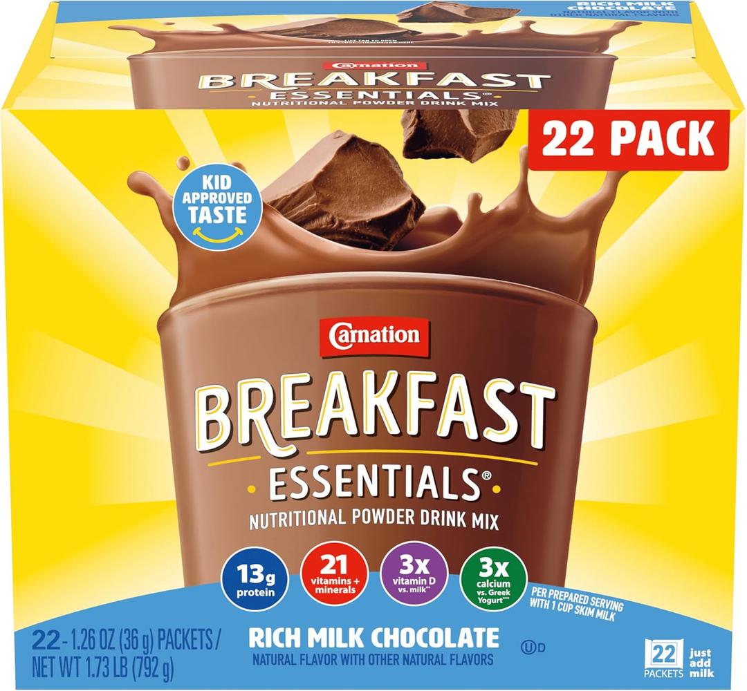 Carnation Breakfast Essentials Powder Drink Mix, Rich Milk Chocolate, 22 Count Box of 1.26 Ounce Packets, BBD: 07/07/2021