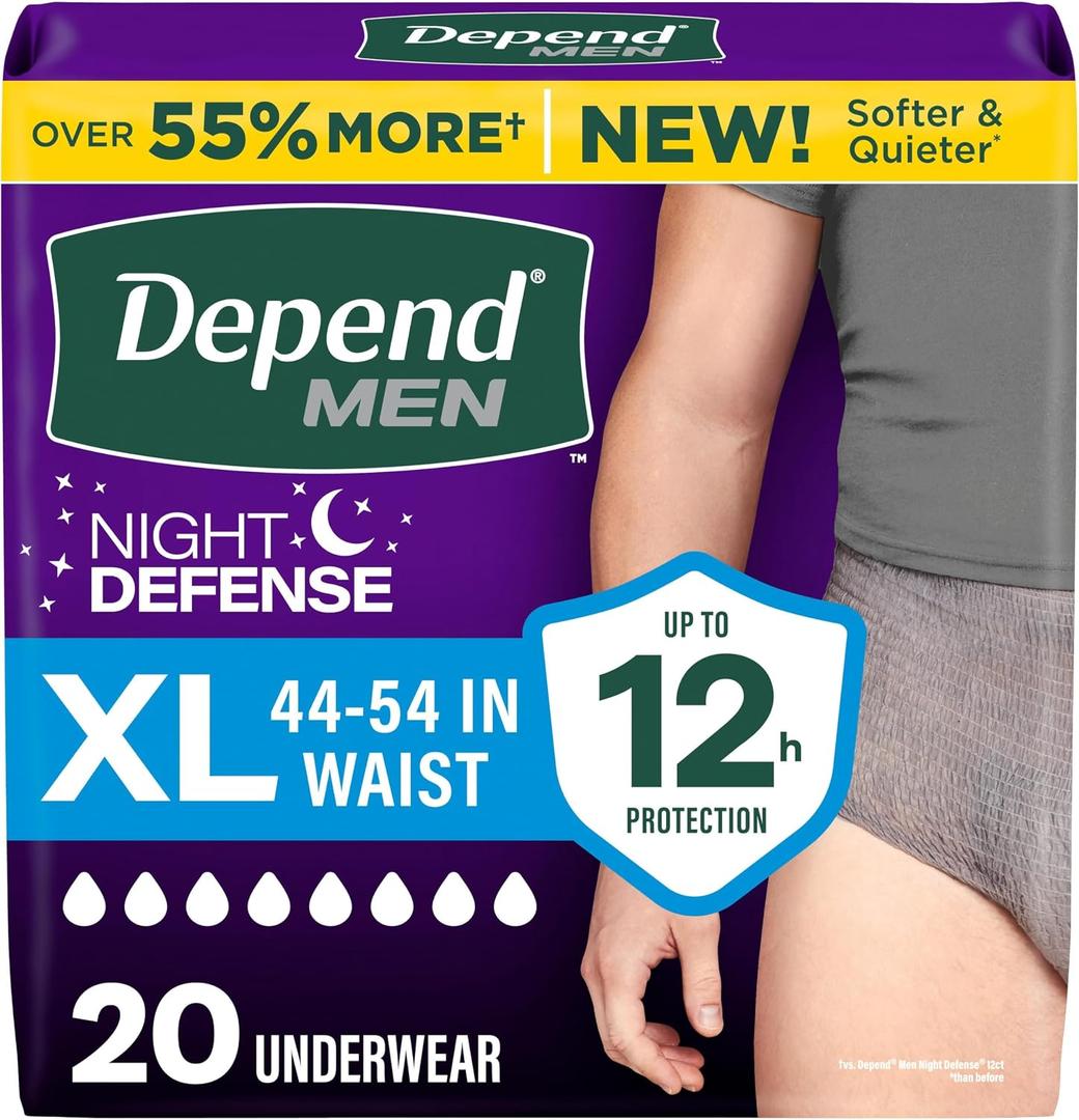 Depend Night Defense Adult Diapers, Incontinence Underwear for Men, Disposable, Overnight, Extra-Large, Grey, 20 Count, Packaging May Vary