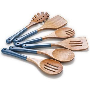Wooden Spoons For Cooking, 6 PCS Natural Acacia Wooden Cooking Utensils, Non-Stick Wood Kitchen Utensil Set for Kitchen Essentials, Smooth Grip Wood Cooking Spoons with Hanging Hole, Blue