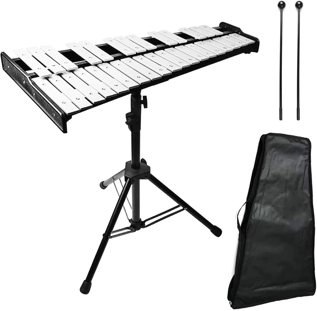 32 Note Glockenspiel Xylophone Bell Kit, Percussion Instruments for Music Teaching with Adjustable Stand, Mallets and Carrying Bag, Professional Xylophone Bell for Adults & Students(black)