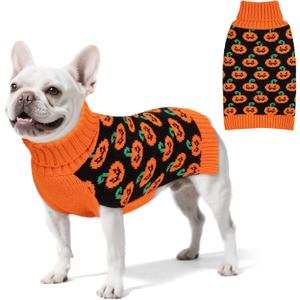 KYEESE Halloween Dog Sweater Pumpkin Style with Leash Hole Turtleneck Doggie Sweater Warm and Snug Knitwear Orange Knit for Small Dogs Girl Soft Halloween Pet Outfit Dog Clothes Boy, X-Large