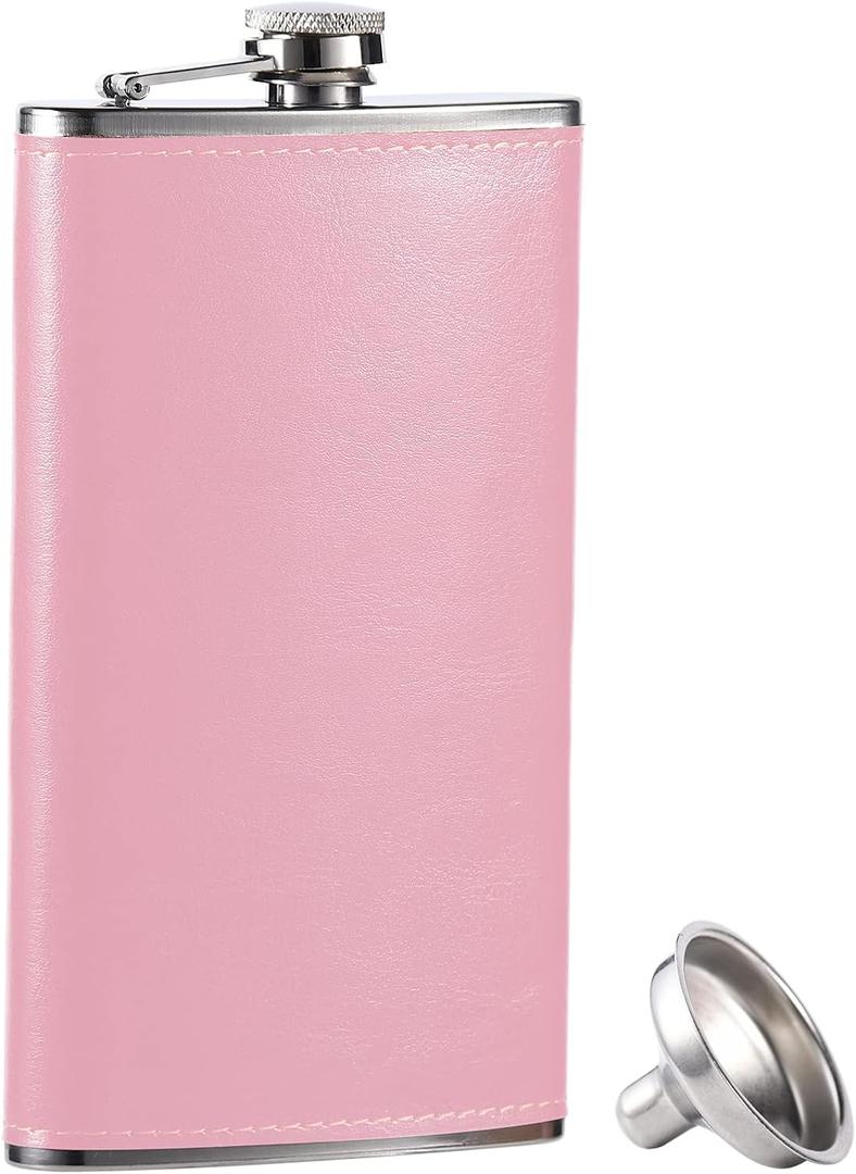 GENNISSY 10oz Whiskey Flask for Women - Stainless Steel Hip Flask with Pink Leather, Leakproof with Funnel & Never Lose Cap, Gift for Women(Wedding, Birthday, Camping)