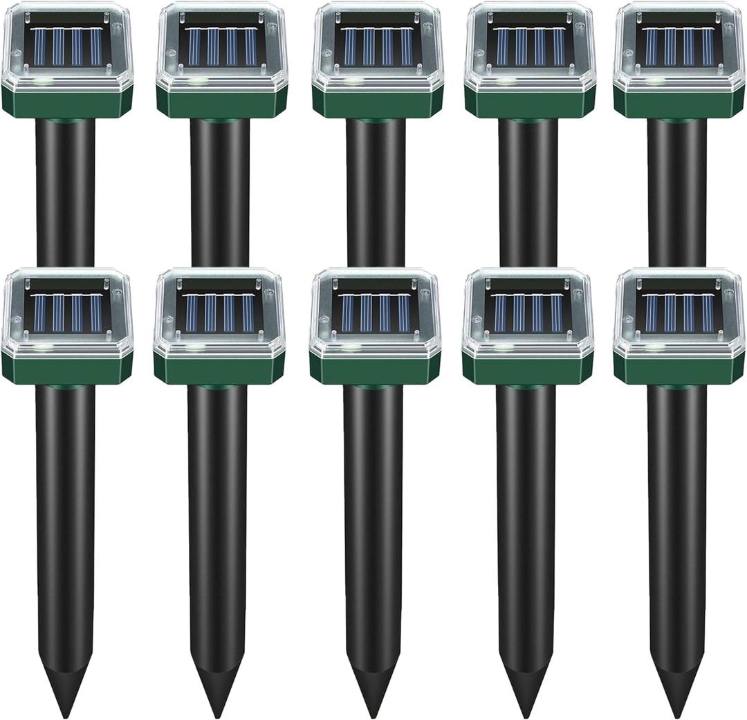 10 Pack Mole Repellent Solar Powered,Snake Repellent Ultrasonic, IP 65 Waterproof Ultrasonic Deterrent Stakes,Get Rid for Moles,Voles,Gophers,Squirrels, Voles, Skunks in Yard, Lawn, and Garden