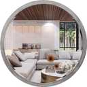 35" Round Wood Mirror, Rustic Circle Wall Mirror with Beveled, Wooden Round Mirrors for Wall Decor, Decorative Wall-Mounted Mirrors for Entryway, Living Room, Washed Gray Frame