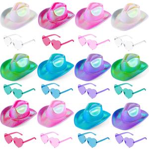 24 Pcs Cowboy Hats Holographic Space Cowgirl Hat with Heart Sunglasses Fun Party Hats Goggles for Women Party (Multicolor)