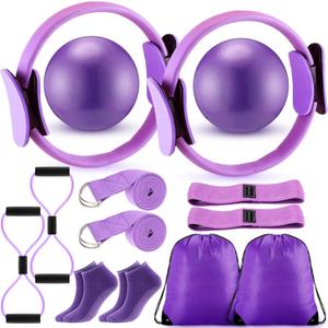 Poen Pilates Equipment Kit for Home Workout Pilates Ring and Ball Set for Women 12'' Circle Yoga Fitness Essentials Kit with Resistance Bands, Yoga Strap, Socks,Bag (Purple)
