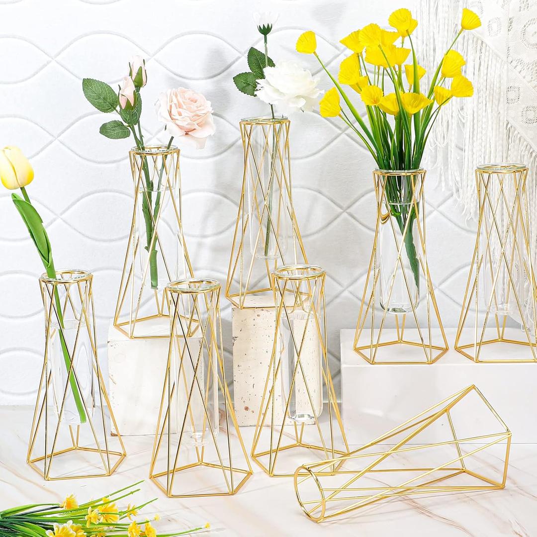 Roshtia 8 Set Gold Flower Vases for Centerpieces Metal Geometric Test Tube Vases Modern Hydroponic Flower Stand with Glass Cylinder for Plant Wedding Office Home Table Decoration
