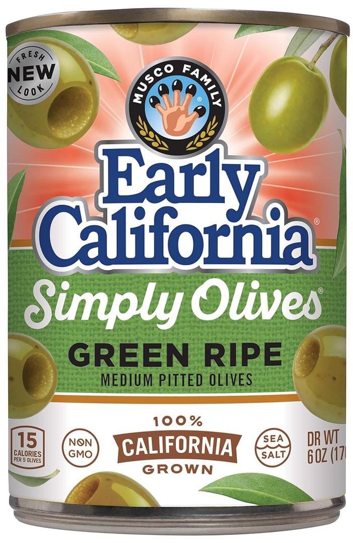 Early California Simply Olives Green Ripe Pitted Olives, Pack of 12, 6 oz Cans (EXP 09/30/29)