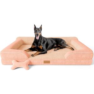 CWAWZ XXL Dog Bed for Extra Large Dogs, Giant Orthopedic Dog Bed with Cooling Gel Memory Foam, Waterproof Pet Bed with Removable Washable Cover, 53" Pet Sofa bed Dutch Velvet with Bone Toy, Peach Pink
