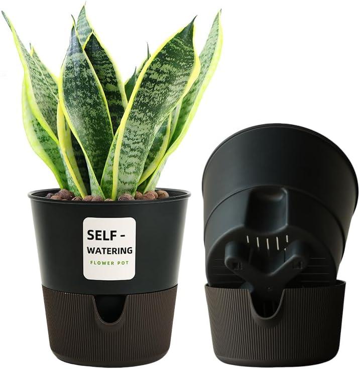 Flower and Plant Pot, Self Watering Plastic Plants Planter with Drainage Holes and Saucers, Modern Outdoor Indoor Decorative Flower Pot for Plants, Flowers, Herbs, Succulents (Grey, 6.5 inch)
