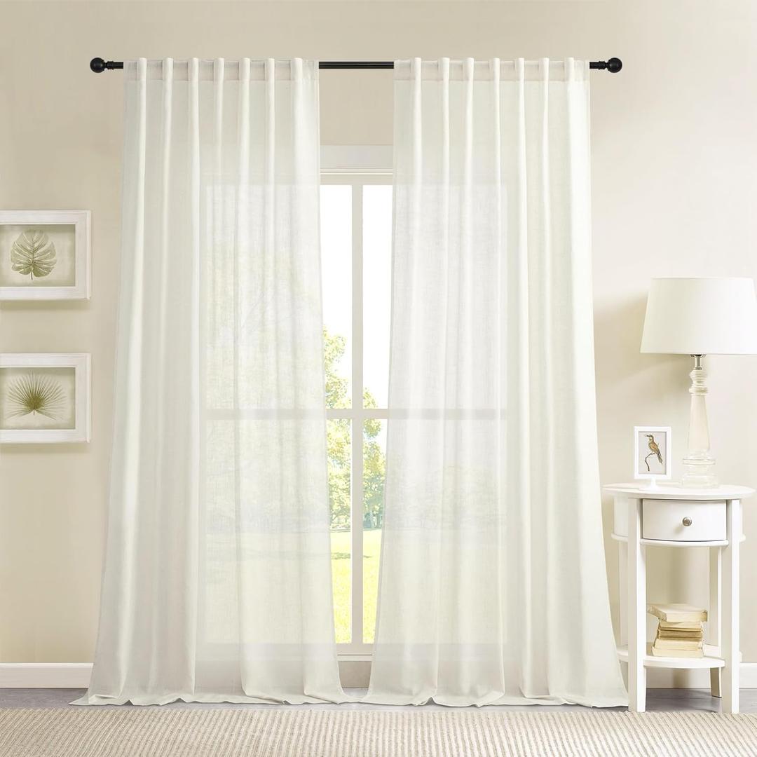 Novecozy White Linen Curtains 42 x 84 Inch Long 2 Panels Set for Bedroom Living Room, Backtab Rod Pocket Farmhouse Boho Linen Textured Light Filtering Semi Sheer Window Drapes, Cream Ivory