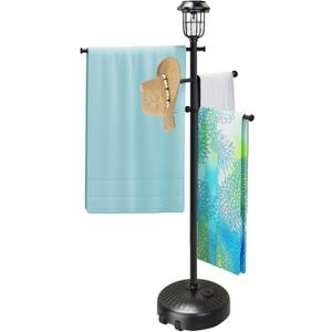 Sturdy & Solar-Powered Pool Towel Rack Outdoor - Adjustable Towel Racks with Wheels & Lights for Backyards, 27.6"L x 15"W x 63"H