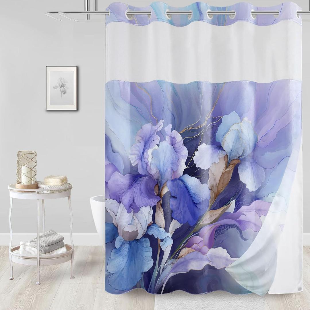 Long No Hook Floral Shower Curtain with Snap in Fabric Liner Set, Spring Blue Purple Iris Design, Elegant Abstract Marble Flower Ringless Hotel Style for Bathroom Decor, 71x77 Inches