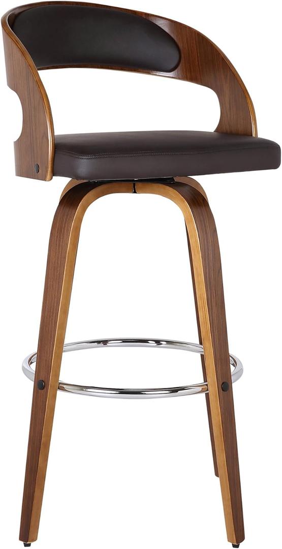 Armen Living Shelly 30" Seat Height Mid Century Modern Swivel Bar Stool for Kitchen Island Counter in Brown Faux Leather and Walnut Wood