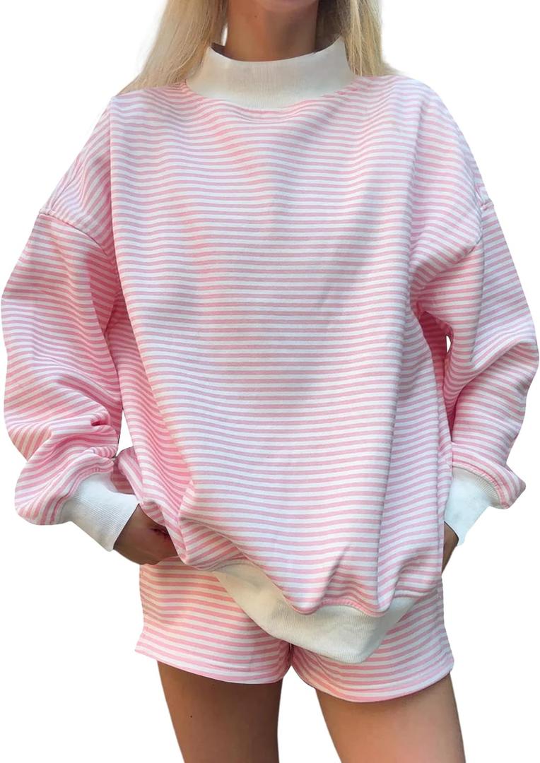 TERIVEEK Women Mock Neck Sweatshirt Oversized Mockneck Striped Long Sleeve Pullover 2026 Fall Spring Casual Lounge Tops S