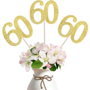 10-Pack Double Sided Glitter 60th Birthday Centerpiece Anniversary Centerpiece Sticks, Number 60 Table Topper Cake Topper for 60th Birthday Anniversary Table Party Decorations (Double Sided gold)
