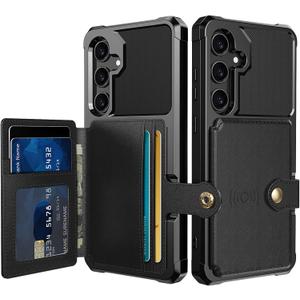 for Samsung Galaxy S24 FE Case with Card Holder, Compatible with Magnetic Car Mount, Heavy Duty Shockproof Rugged Soft TPU Back Leather Flip Wallet Cover for Galaxy S24 FE 6.7 inch, Black