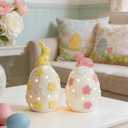 WDS WONDROUS Light Up Easter Decorations Bunny and Egg Figurines Set, LED White Easter Spring Home Decor, Ceramic Rabbit Egg Sculpture for Farmhouse Tabletop Centerpiece Wedding Gifts 2PCS
