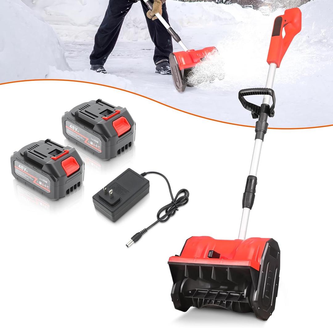 Cordless Snow Shovel 13", 48V 600W, 24.0Ah Batteries & Quick Charger, 12" Width 8" Depth, 20FT Throw Electric Snow Blower with Directional Plate & Adjustable Handle for Driveways & Sidewalks (Red) (Small)