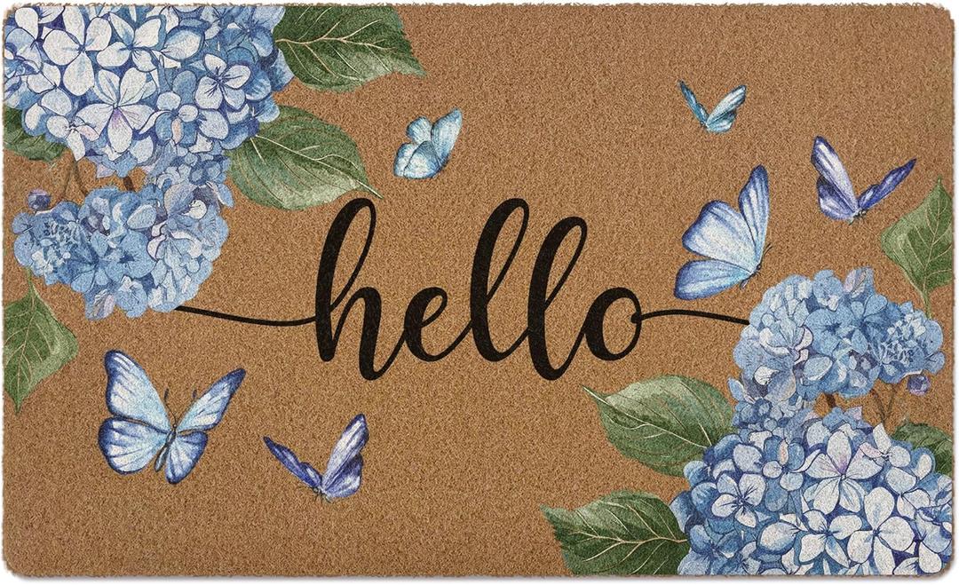 Blue Hydrangea Hello Door Mat, Floral Butterfly Artificial Coir Front Door Mat Indoor Outdoor Entrance, Welcome Farmhouse Summer Doormat Rug for Porch Entryway Patio Decor, 17X30 Inch