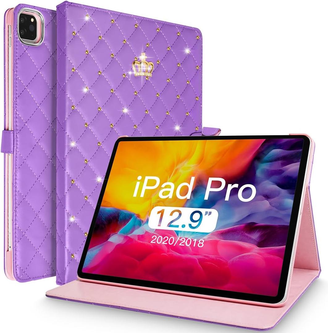 for iPad Pro 12.9 Inch Case 6th/5th/4th/3rd Generation (2022/2021/2020/2018), Crown Diamond Bling Cute PU Leather Smart Auto Sleep/Wake Stand Shockproof Protective Case for iPad 12.9", Purple
