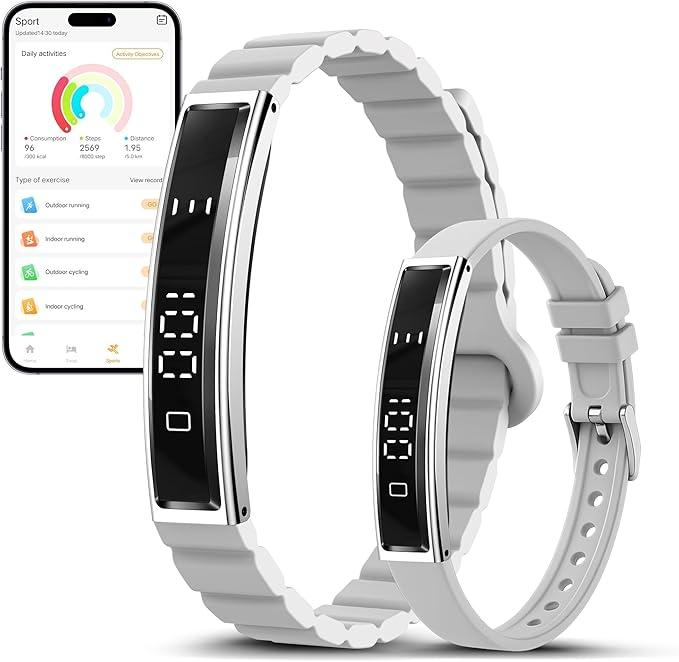 RIFESI Smart Bracelet for Women Men, Health Activity Fitness Trackers, 24/7 Heart Rate, Blood Oxygen & Stress Monitor, 24H Sleep Tracker, Smart Wristband with Free APP 2 Bands, Grey, Black