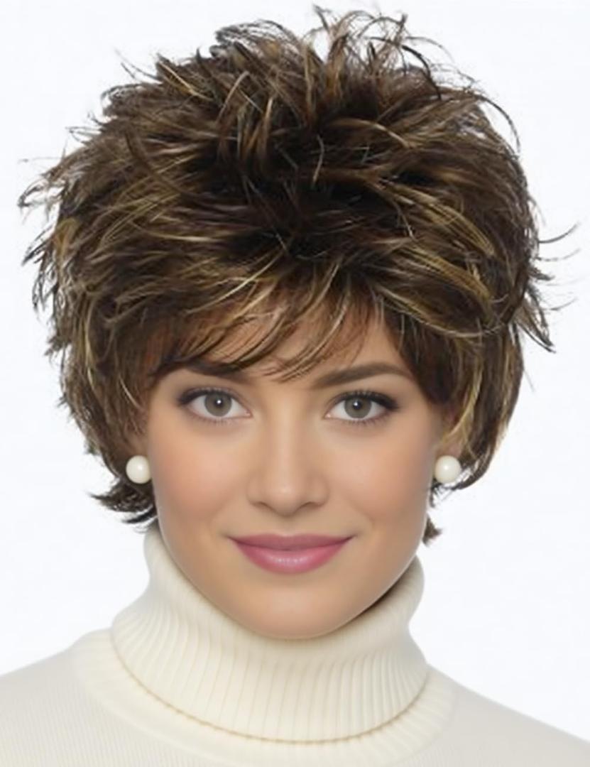 TISHINING Short Brown Mixed Blonde Highlight Pixie Cut Wigs for White Women Shaggy Layered Mixed Blonde Wavy Wig with Bangs Natural Looking Synthetic Hair Replacement Wig