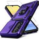Janmitta Compatible with Galaxy A15 5G Case Built in Slide Camera Lens Cover+Screen Protector+Finger Ring Holder Kickstand,Heavy Duty Shockproof Full Body Phone Cover,2024 Purple