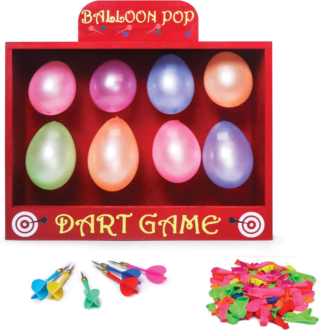 Balloon Dart Carnival Game - Wooden Box With a Carnival Theme The Box Measures 16.5 x 12.5 x 4.5 Included Are 300 Balloons & 6 Colorful Darts & Adhesive Dots - Great for Birthdays Events, Parties