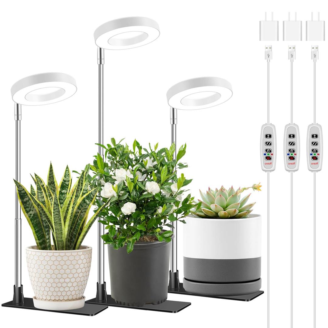 Aokrean Grow Light, Full Spectrum Plant Lights for Indoor Growing with with 3/9/12H Timer, 3 Color Modes, 10 Brightness, 6.5"-26" Height Adjustable Halo Grow Light with Base, 3 Pack(3.4in)