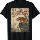 Vintage Japanese Tiger with Cherry Blossoms Tree Woodblock T-Shirt (Small, Black)