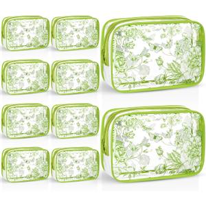 Set of 10 Clear Floral Cosmetic Bags PVC Makeup Bags Waterproof Travel Organizer Toiletry Pouches for Wedding Birthday Baby Shower Party Ideal Gift for Women Nurse Bridesmaid(Sage Green)