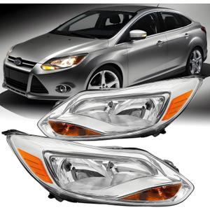 Pair Headlights Assembly W/Bulbs For 2012 2013 2014 Ford Focus SE SEL Titanium Base Hatchback Sedan Replacement Halogen Headlamps Driver and Psaaenger Side Chrome Housing Clear Lens(LH&RH)