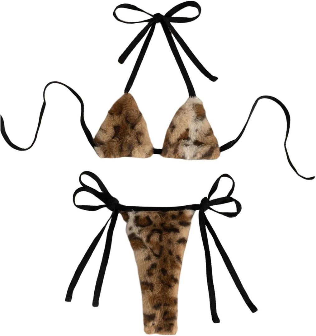 MakeMeChic Women's Bikini Sets Cheetah Print Fuzzy Halter Tie Backless Beach Swimsuit (Medium, Multicolor)