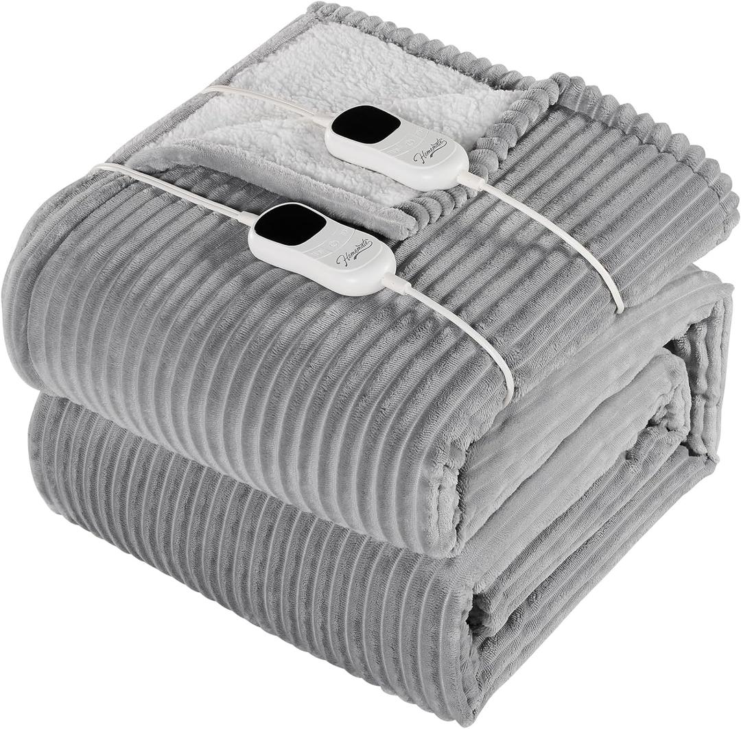 Homemate Electric Blanket Queen Size - 84"x90" Heated Blanket Queen Size 1/2/4/6/8 Hours Auto-Off 10 Heat Levels Over-Heat Protection Soft Flannel Sherpa Heating Blanket Queen ETL Certification (84 Inch x 90 Inch, Light Grey (Striped))