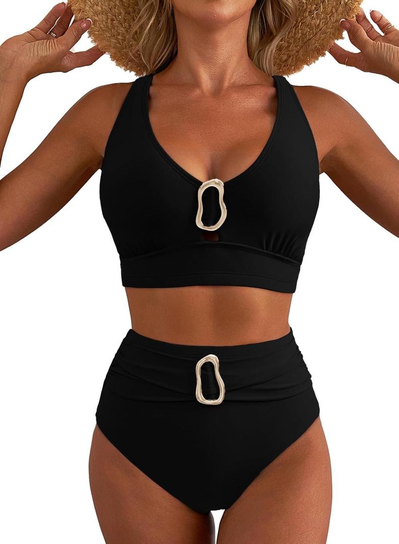 Herseas Women's High Waisted Bikini Sets Crisscross Back Swimsuit V Neck Metal Ring 2026 Summer Bathing Suit Beachwear (Black, L)