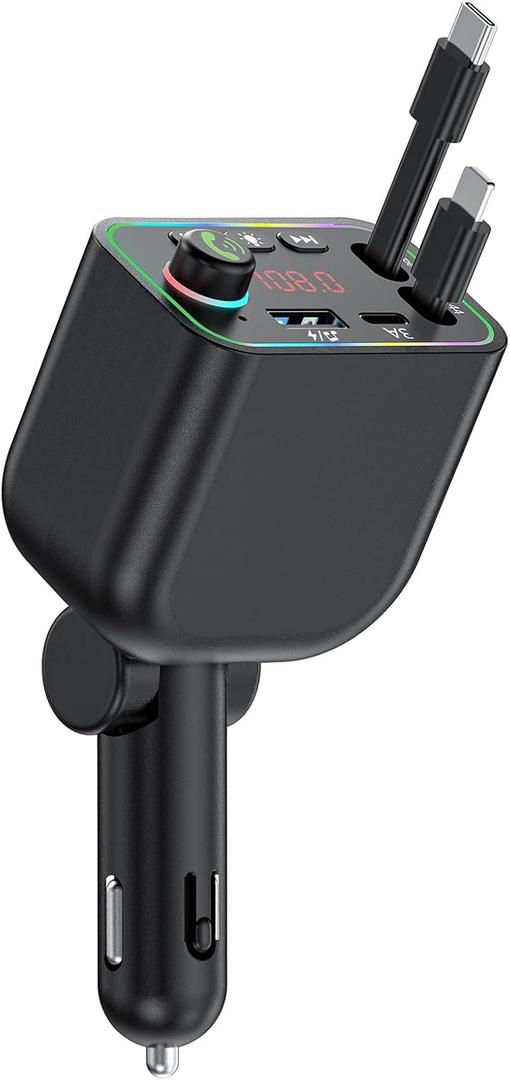Vitog Retractable Car Charger, Wireless Bluetooth 5.3 FM Transmitter 100W USB C 4 in 1 Fast Car Charger Adapter,iPhone 16 Fast Chargingfor iPhone 16 15 14 13 12 Android
