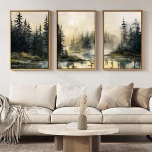 Framed Forest Landscape Wall Art for Living Room, Large 3 Piece Misty Pine Tree Nature Scenic Artwork for Walls, Rustic Woodland Sunset Canvas Painting Prints for Office Bedroom Wall Decor, 24x36 Inch
