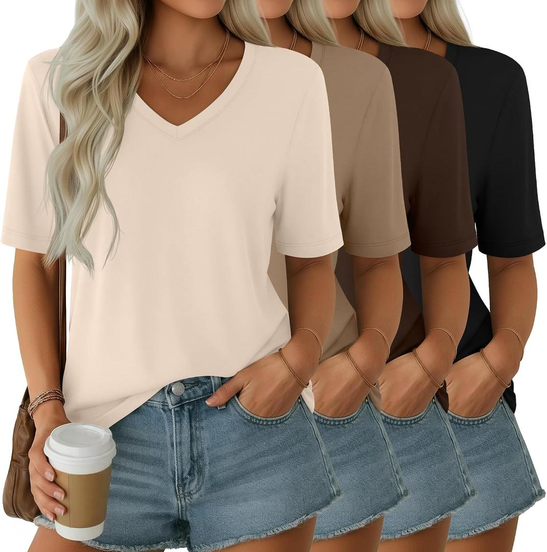 Ficerd 4 Pack Women's Half Sleeve V Neck Tops Elbow Length Loose Fit Shirts Casual Trendy Summer Straight Hem Basic Tees, Medium (Apricot, Khaki, Brown, Black)