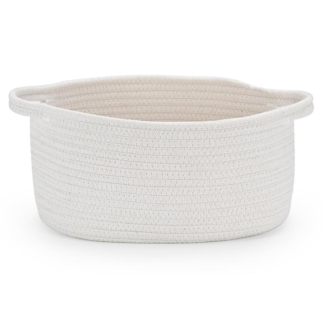 Happyiren Medium Woven Cotton Rope Basket with Handle Empty Decorative Gift Basket for Baby Shower, Graduation, Mother's Day, Nursery Storage 13" Dia x 8" W x 6" H