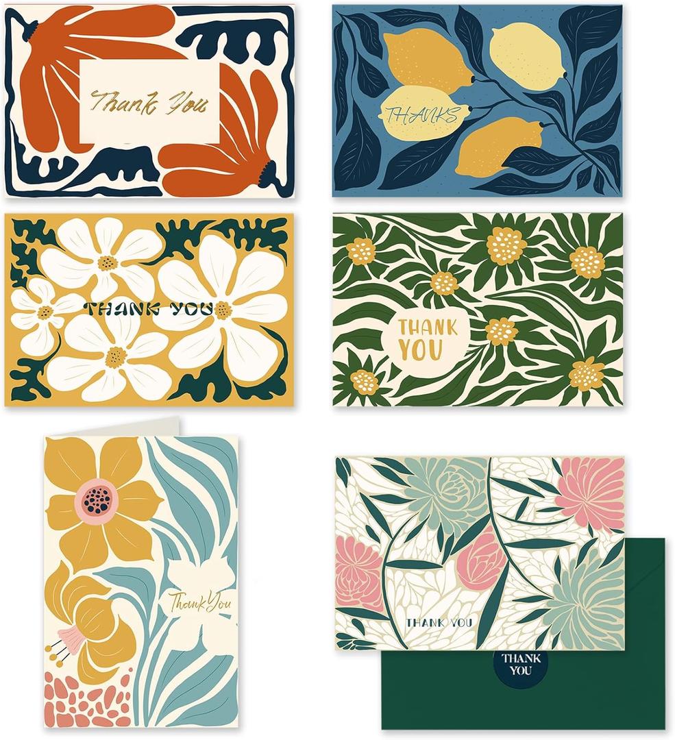 qiqee Color Contrast Flower Thank You Cards Greeting Gift Cards for Handwritten Messages 4x6 Inch 6 Design Birthday Thank You Notes (24pcs +24pcs Envelopes)