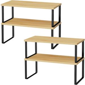 OGEMXU Cabinet Shelf Organizers, 15.7 inches Large Kitchen Counter Shelf, Set of 4 Wood Kitchen Pantry Organizer, Storage Shelves for Countertop, Spice Rack, Stackable, Expandable, Metal Black, Nature