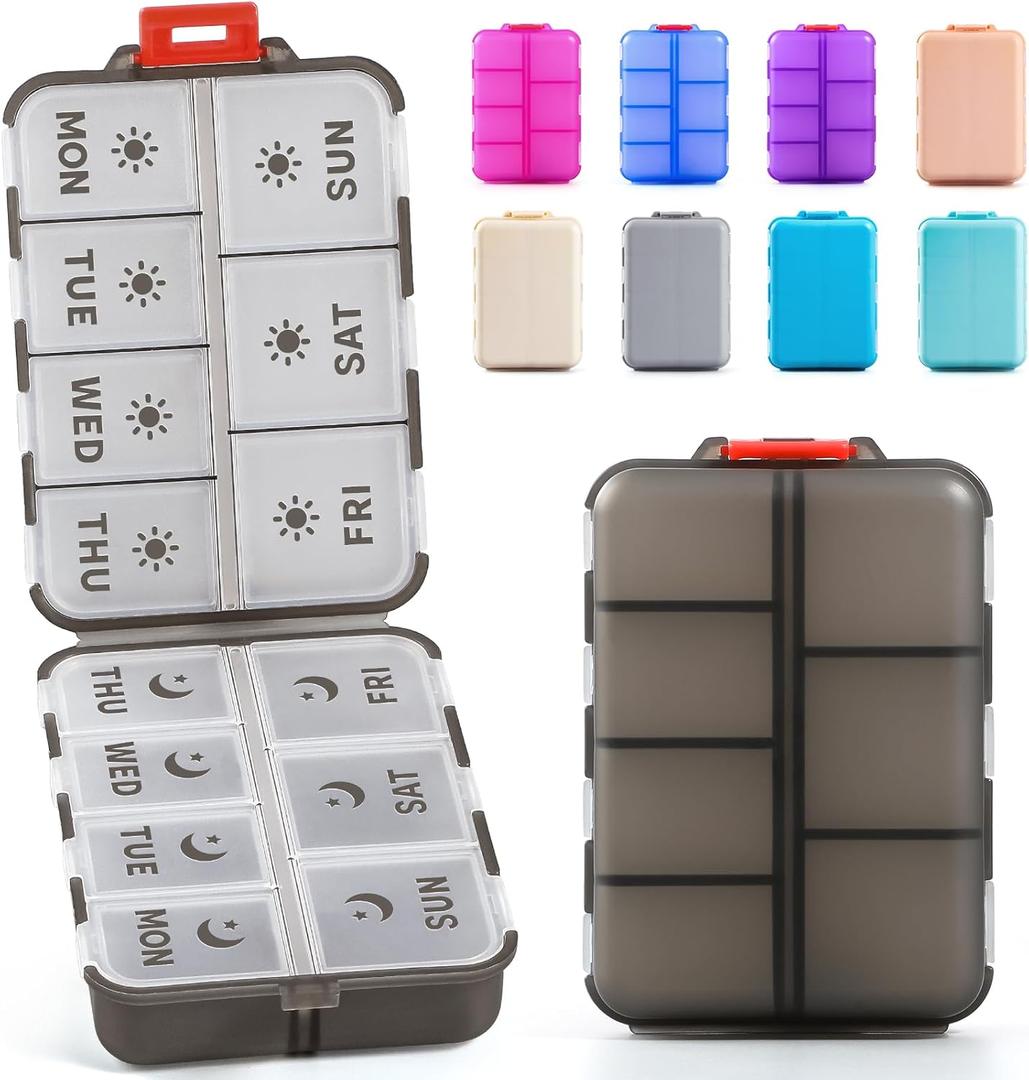 NEW Foldable & Double Protection Portable Weekly Pill Organizer 2 Times A Day with Etched Labels, AM PM 7 Day Week Medicine Box, Daily Travel Pill Case Dispenser for Vitamin, Supplement - Clear Black