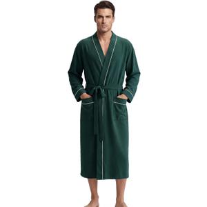 U2SKIIN Men's 100% Cotton Lightweight Robe, Soft Breathable Bathrobe with Pockets, Classic Kimono Spa Robe for Men (XX-Large-3X-Large, Dark Green)