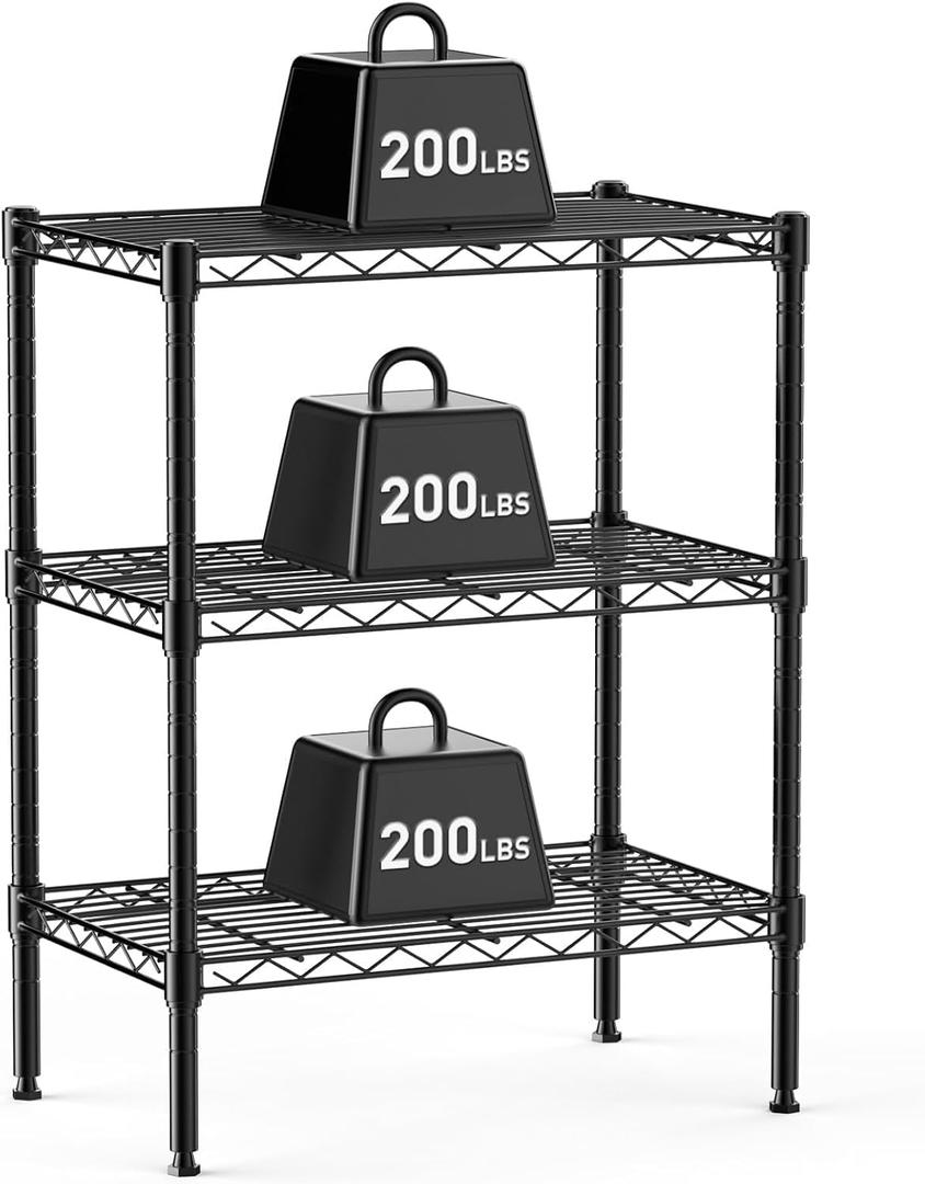 HealSmart 3-Tier Metal Wire Storage Shelves, Adjustable Standing Storage Rack Shelf, Heavy Duty Steel Shelving Unit Organizers for Kitchen Bathroom Pantry Garage, 23.2" W13.4" D30.3" H, Black