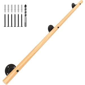 5 FT Wood Handrails for Indoor Stairs, Wall-Mounted Staircase Handrails for Indoor Outdoor Steps, Non-Slip Stairs Railing Indoor for Corridor, Lofts, Patio, Kindergarten Guardrail (Round Wood)