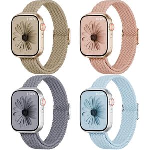 4 Pack Slim Braided Stretchy Compatible with Apple Watch Band 38mm 42mm 40mm 44mm 41mm 45mm 46mm 49mm Women Men, Solo Loop Nylon Thin Strap for iWatch Series 11 10 9 8 7 SE 6 5 4 3 Ultra (Stone/Nude Pink/Blue Grey/Sky Blue)