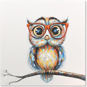JAPO ART Mrs Owl Wall Art Funny Animal with Glasses Painting Colorful Animal Canvas Wall Art for Kids Children Bedroom Nursery Room Home Decoration Ready to Hang 24x24 Inch (24L" x 24W")